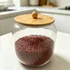 Mango de cuentas de madera de bambú, tapa de bambú, frasco hermético, frasco de almacenamiento para granos del hogar, recipiente para almacenamiento de alimentos