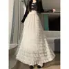 Saia de Bolo de Poá em Renda Feminina Primavera Verão Cintura Alta Emagrecedora Barra Larga Renda Patchwork Saia Midi Longa Evasê Saia de Gaze