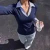Novo Estilo Outono/Inverno 2026 Blusa Falsa de Duas Peças Transfronteiriça Europeia e Americana Slim Fit Camiseta de Manga Longa com Listras Costuradas e Cores Contrastantes para Mulheres