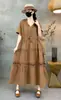 Verão Transfronteiriço Novo Produto Cor Sólida Dupla Camada Gaze de Algodão Vestido Longo Vestido com Decote V com Amarração na Cintura e Aplicação de Renda Vestido Atacado
