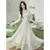 Vestido Retro de Encaje Patchwork para Mujer + Chal 2026 Otoño/Invierno Nuevo Ajustado Novia Brindis Vestido Largo