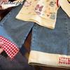 [Casa Rosa] Ropa Nueva para Bebé Niña Estilo Coreano Dibujos Animados Graffiti Camiseta Falsa de Dos Piezas Jeans Rectos a Cuadros
