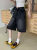 Pantalones de Mezclilla Retro Negros y Grises de Talla Grande Europeos y Americanos para Mujer Verano 2025 Pantalones Anchos Rectos de Cintura Alta Pequeños Pantalones Cortos