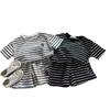 Conjunto de primavera y verano de pantalones cortos de manga corta con cuello redondo y rayas de oso de estilo coreano para hombres y mujeres, de algodón suave para bebés.