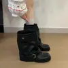 Botas de salto plataforma com fivela de cinto estilo retrô para mulheres, novas calças-bota marrons de salto grosso emagrecedoras, botinhas estilo cowboy western