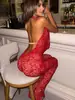 Mono Sexy de Cuello Halter Transfronterizo 2025 Escote en V Profundo Espalda Descubierta Ajustado Bodycon Largo Vestido de Fiesta Mono para Mujer