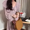 Chique Coreano Dongdaemun Coreano Retrô Temperamento Gentil Gola com Babados Estampado Vestido Longo para Mulheres