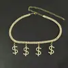 Collar con símbolo de dólar de personalidad europea y americana, collar de moda con diamantes completos, cadena para clavícula sexy hip hop