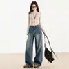 Jeans de Pierna Ancha para Mujer 2026 Primavera/Otoño Nuevos de Cintura Alta Sueltos Adelgazantes Sensación de Alta Gama Estampado de Fuegos Artificiales Pierna Recta Versátiles Pantalones Largos