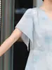 Blusa de Gasa de Manga Corta de Verano para Mamá de Moda 2026 Nuevo Estilo Camiseta Superior Estampada Delgada para Mujeres de Mediana Edad