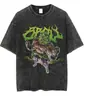 Tamanho Europeu Transfronteiriço Camiseta Masculina de Manga Curta Lavada Vintage Desenho Animado Anime Estilo Dark High Street Europeu e Americano Camiseta Curta Masculina