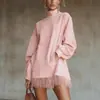 Amazon Nueva Estación Independiente Transfronteriza Europea y Americana Vestido Largo de Manga Larga con Bolsillo Holgado Retro de Felpa y Gamuza de Cuello Alto con Borlas