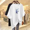 Top de Verano Fino Estampado de Longitud Media para Mujer Talla Grande que Cubre el Vientre, Camiseta de Manga Corta de Comercio Exterior, Tendencia Estilo Coreano