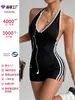Macacão fitness feminino novo, cor sólida com acabamento branco, gola halter, costas abertas, fenda lateral, peça única atlética