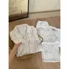 Conjunto Pijama Cardigan Solto Feminino Outono Casa Desenho Listrado Coelho Pequeno Gola Lapela Manga Longa Calça Longa