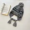 Chapéu de Lã Tricotado Infantil para Menina, Estilo Fair Isle, Outono e Inverno, Quente, Protege as Orelhas, Trança Longa, Jacquard, Fofo
