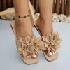 Sandalias planas casuales cuadradas europeas y americanas, chanclas de tiras con estampado floral de moda, sandalias casuales de playa