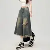 Jeans Reto com Rasgos e Desfiados Estilo Americano Feminino Verão Novo Estilo Retrô Calça Cropped de Perna Larga com Aspecto Desgastado