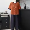 Conjunto de Roupa para o Dia das Mães: Blusa Elegante de Manga Curta para Mãe, Novo Estilo de Verão 2026, Conjunto de Duas Peças com Gola Redonda para Mulheres de Meia-Idade e Idosas