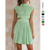 Vestido Corto de Verano Estilo Dulce Color Puro para Exportación Europea y Americana de Amazon de 25 Años, Ajustado a la Cintura, Cuello Alto, que Muestra la Cintura 23007