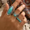 Anel de articulação oval estilo cowboy western vintage transfronteiriço com turquesa incrustada, anel estilo boêmio artístico nostálgico