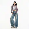Jeans azules de mujer estilo retro americano vintage, de pierna recta holgada, lavados, rotos, extralargos con patrón azul vintage