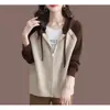 Cardigan Suéter de Tricô Retrô Elegante Feminino 2026 Nova Coleção Primavera e Outono Jaqueta Feminina com Zíper e Capuz para Outono e Inverno