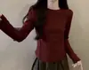 Camisa básica térmica de manga comprida justa com costelas que acentuam a cintura, padrão espinha de peixe escovado em ambos os lados, para mulheres
