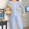 Pijama para mujer, estilo primavera y otoño, manga larga, nuevo modelo 2025, cárdigan de encaje de moda con cuello redondo y volantes, ropa de casa