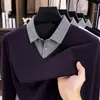 Camiseta Nueva de Manga Larga para Hombre Otoño 2026, Falso Dos Piezas, Estilo Casual de Negocios para Hombres de Mediana Edad, Cuello de Camisa de Contraste de Color, Camiseta Básica para Hombre
