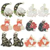 Chaveiro Pulseira Brincos Acessórios de Joia Pingente Gato Raposa Desenho Animado Flor Rosa Preto e Branco Estilo Coreano DIY