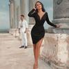 2025 Outono Europeu e Americano Comércio Exterior Novo Vestido Feminino Dunhuang Sexy Decote Profundo Manga Longa Slim Vestido Tubinho Feminino