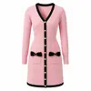 Patrón de rombos ribete negro lazo vestido de punto estilo Chanel estación independiente cuello en V vestido elegante falda recta
