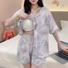 Pijama con Almohadillas en el Pecho, Cárdigan para Mujer, Pantalones Cortos Finos de Manga Corta para Todas las Estaciones, Se Puede Usar Afuera, Transpirable, Antibacteriano, Sensación Fresca, Sensación Fresca de Seda de Hielo