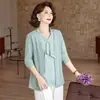 Moderna camisa de otoño para madres, cárdigan de imitación de dos piezas, top de punto de manga larga de moda para primavera y otoño de mujeres de mediana edad y mayores