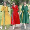 Vestido de algodón y lino estilo étnico para mujer, primavera y verano, holgado, talla grande, escote en V, costuras con hebilla, cintura con cordones en contraste, largo medio.