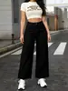 Pantalones vaqueros negros de pierna ancha con dobladillo deshilachado retro, de cintura alta, control de abdomen, cubren la cadera, adelgazantes, versátiles, casuales, largos