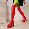 Botas de Salto Grosso Quadradas de Couro Preto Envernizado 2026 Primavera e Outono Botas de Equitação para Mulheres Tamanho 40-48 Estilo Europeu e Americano