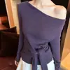 Top de Hombro Único con Tirantes Estilo Francés Ceñido a la Cintura para Mujer Otoño/Invierno de Punto con Mangas Largas Hermoso Chic Negro