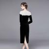 Vestido nicho de diseño europeo y americano estilo Hepburn delgado con abertura combinación de colores terciopelo temperamento falda de cadera