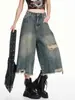 Jeans cropped rasgado estilo retrô americano para mulheres, calça de cinco pontos larga e reta de cintura alta para o verão, não apertada