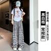 Calça Plaid Graffiti Estilo Americano de Perna Larga para Mulheres, Nova Calça Casual Solta Estampada para o Verão 2026 com Cintura Alta, Corte Reto e Efeito de Caimento