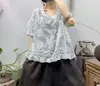 Blusa de Algodão Bordada Estilo Preguiçoso Verão Novo Gola Redonda Pulôver Manga Média Fina Camisa Base Retrô Top