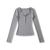 Camisa Básica Feminina de Outono Americano, Manga Longa, Gola V, Botões, Simples, Elástica, Slim Fit, Sexy, Pura Vontade, Top Camiseta