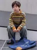 Contém lã~Suéter infantil, malha listrada de gola redonda para meninos, suéter de outono para crianças mais velhas, suéter de malha para meninas