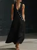 Primavera/Verano 2026 TikTok Transfronterizo Europeo y Americano Cuello en V Abotonado Algodón Lino Vestido Largo Sin Mangas Estilo Vacacional