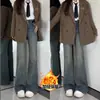 Jeans acampanados gruesos forrados de polar para mujer, talla grande, para mujeres de talla grande, invierno, retro americano, cintura alta, no ajustados, elásticos, de campana