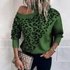 Suéter Feminino de Manga Longa com Estampa de Leopardo para Primavera, Top de Tricô Ombro a Ombro Exportação Amazon, Estilo Biker Versátil de Caimento Solto