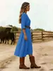 Nuevo vestido de algodón y lino de color liso, cuello redondo, manga larga, entallado a la cintura, estilo cruzado europeo y americano para mujer, longitud media, estilo casual de vacaciones, azul