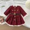 77353 Jaqueta Infantil Feminina Estilo Chanel, Nova Moda de Inverno Jaqueta Vestido Princesa com Forro de Lã e Cinto